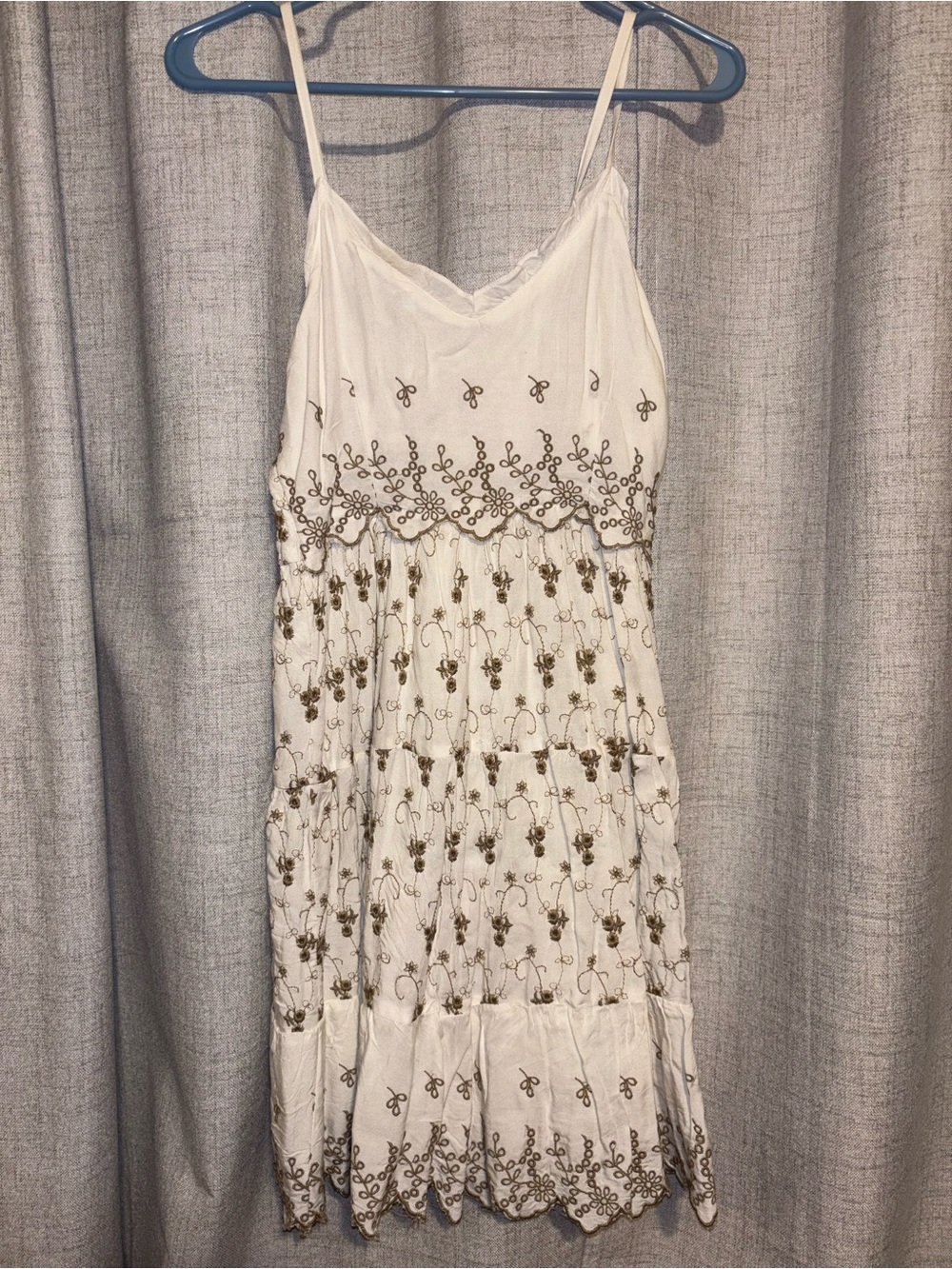 Jessica Simpson White Spaghetti Strap Dress with olive embroidered flowers.